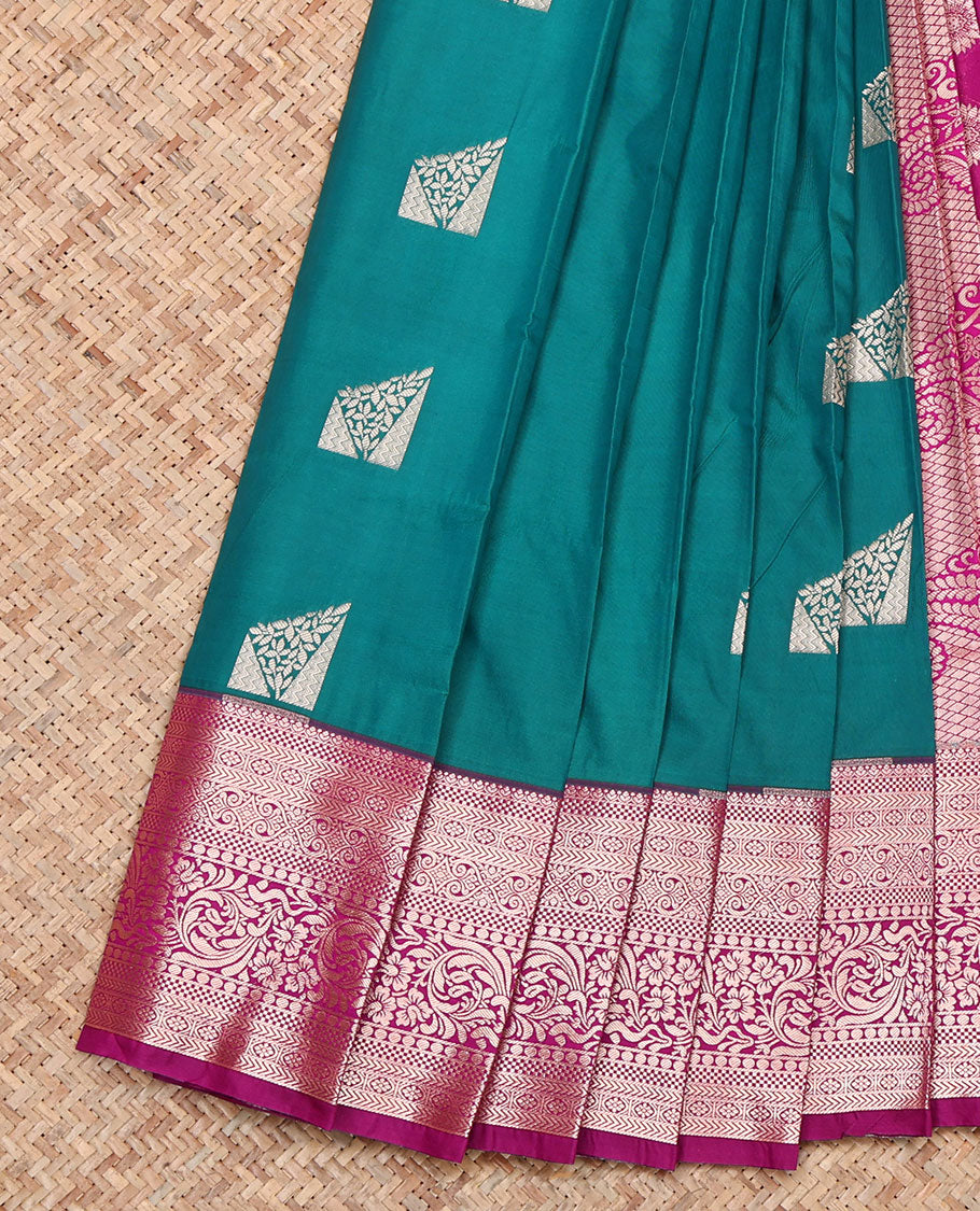 Green Budget Silk Saree, Detailed with Zari Buttas, Complemented by a Contrast Traditional Zari Border, Pallu of Paisleys, and a Contrast Blouse