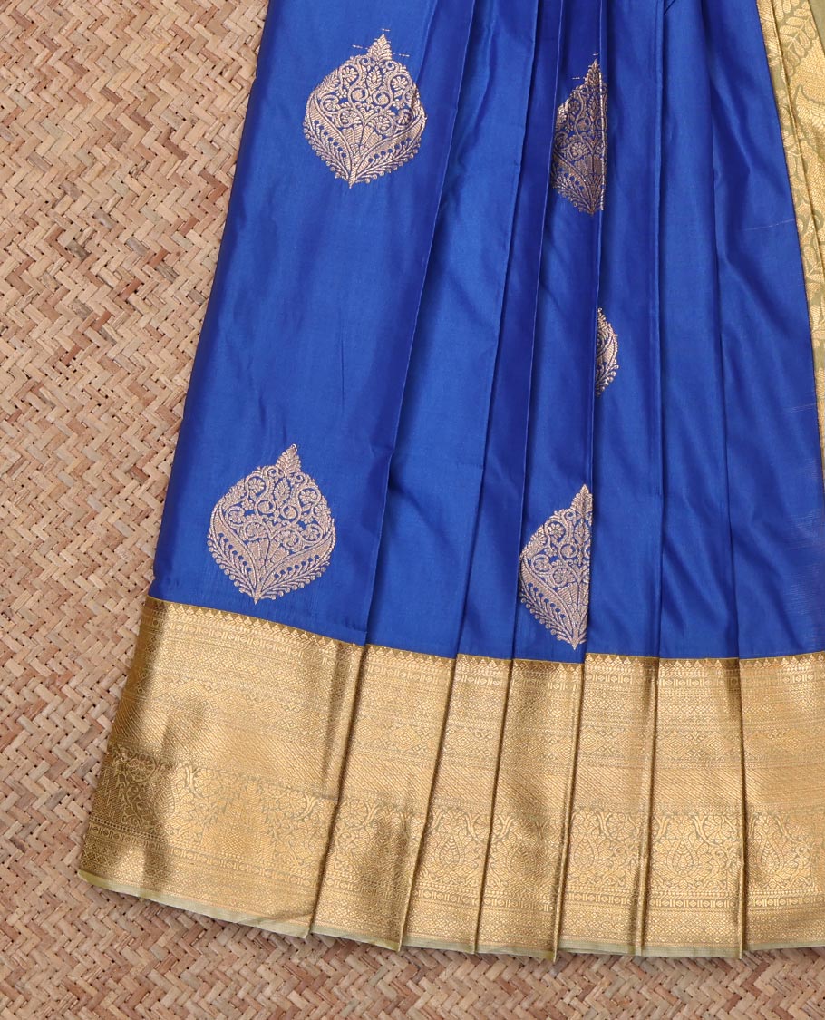 Blue Budget Silk Saree, Woven with Zari Buttas, Complemented by Contrast Traditional Zari Border, Grand Pallu and a Contrast Blouse