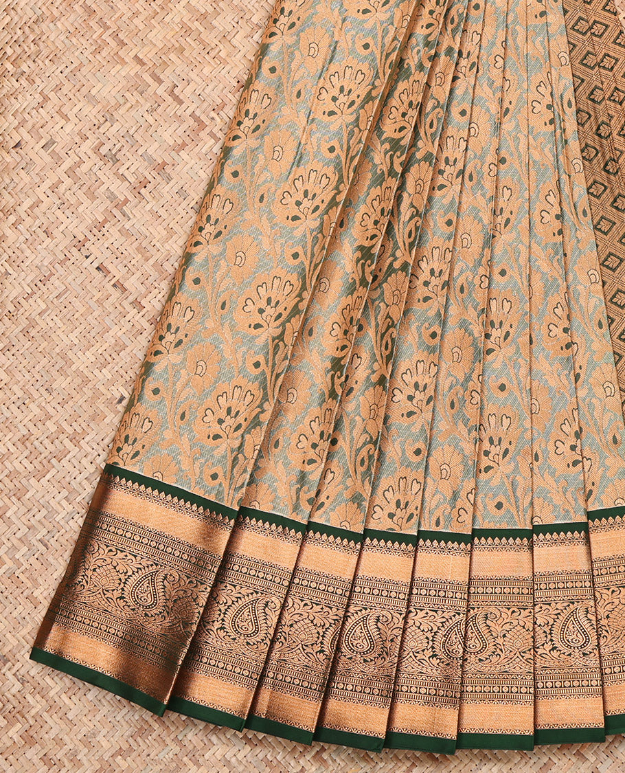 Green Budget Silk Saree, Gracefully Embellished with Floral Jacquard Design, Complemented by Contrast Traditional Zari Border, Grand Pallu and a Contrast Blouse