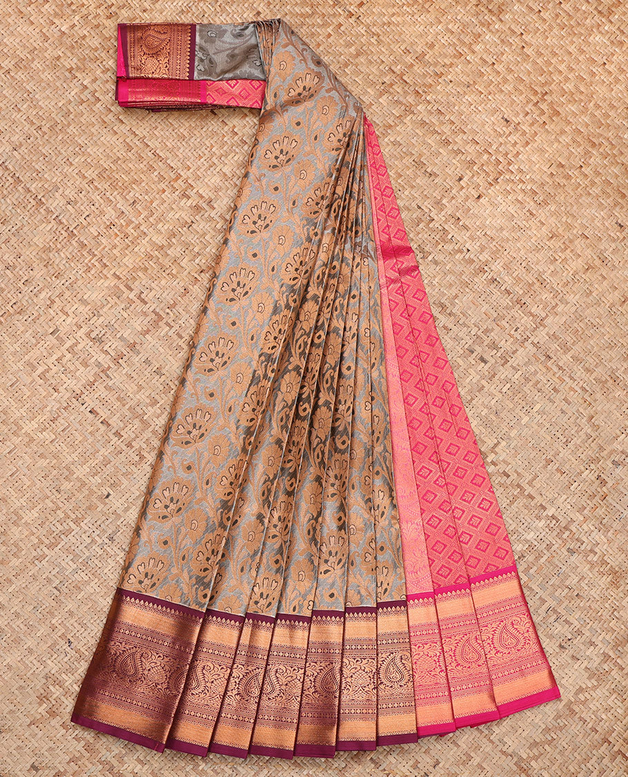 Grey Budget Silk Saree, Woven with Floral Jacquard, Complemented by Contrast Traditional Zari Border, Jaal Pallu, and a Contrast Blouse