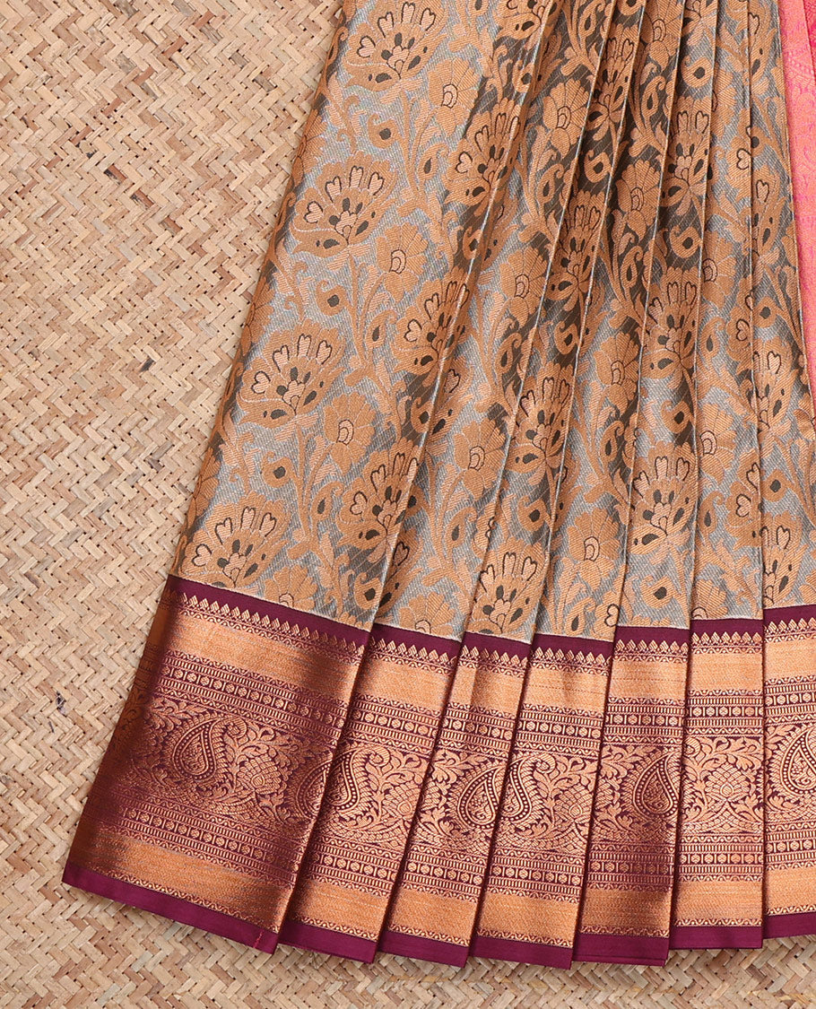 Grey Budget Silk Saree, Woven with Floral Jacquard, Complemented by Contrast Traditional Zari Border, Jaal Pallu, and a Contrast Blouse
