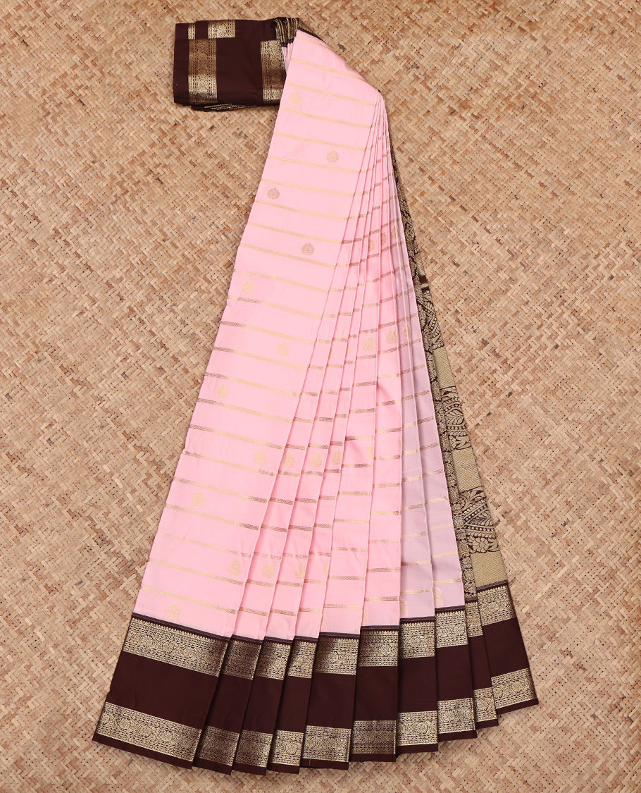 Pink Budget Silk Saree, Steeped in Richness of Zari Buttas and Stripes, Complemented by a Contrast Traditional Zari Rettai Pettu Border, Grand Pallu, and a Contrast Blouse