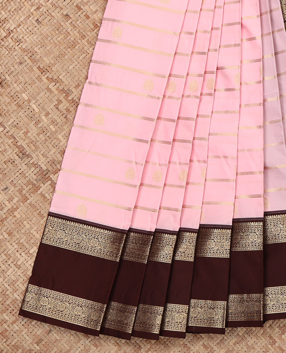 Pink Budget Silk Saree, Steeped in Richness of Zari Buttas and Stripes, Complemented by a Contrast Traditional Zari Rettai Pettu Border, Grand Pallu, and a Contrast Blouse