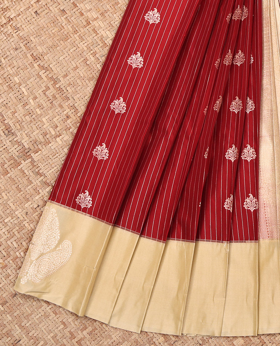 Red Budget Silk Saree, Embellished with Zari Buttas and Stripes, Complemented by a Contrast Zari Border, Grand Pallu, and a Contrast Blouse