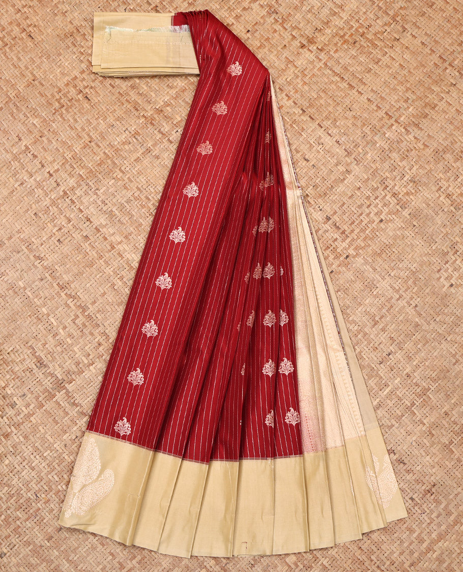 Red Budget Silk Saree, Embellished with Zari Buttas and Stripes, Complemented by a Contrast Zari Border, Grand Pallu, and a Contrast Blouse