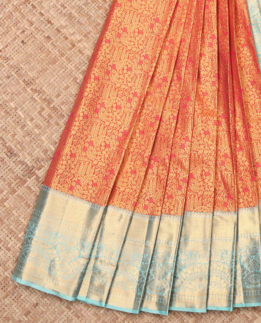 Orange Budget Silk Saree, Ornamented with Jacquard Design, Complemented by Contrast Traditional Zari Border, Intricate Pallu, and Contrast Blouse