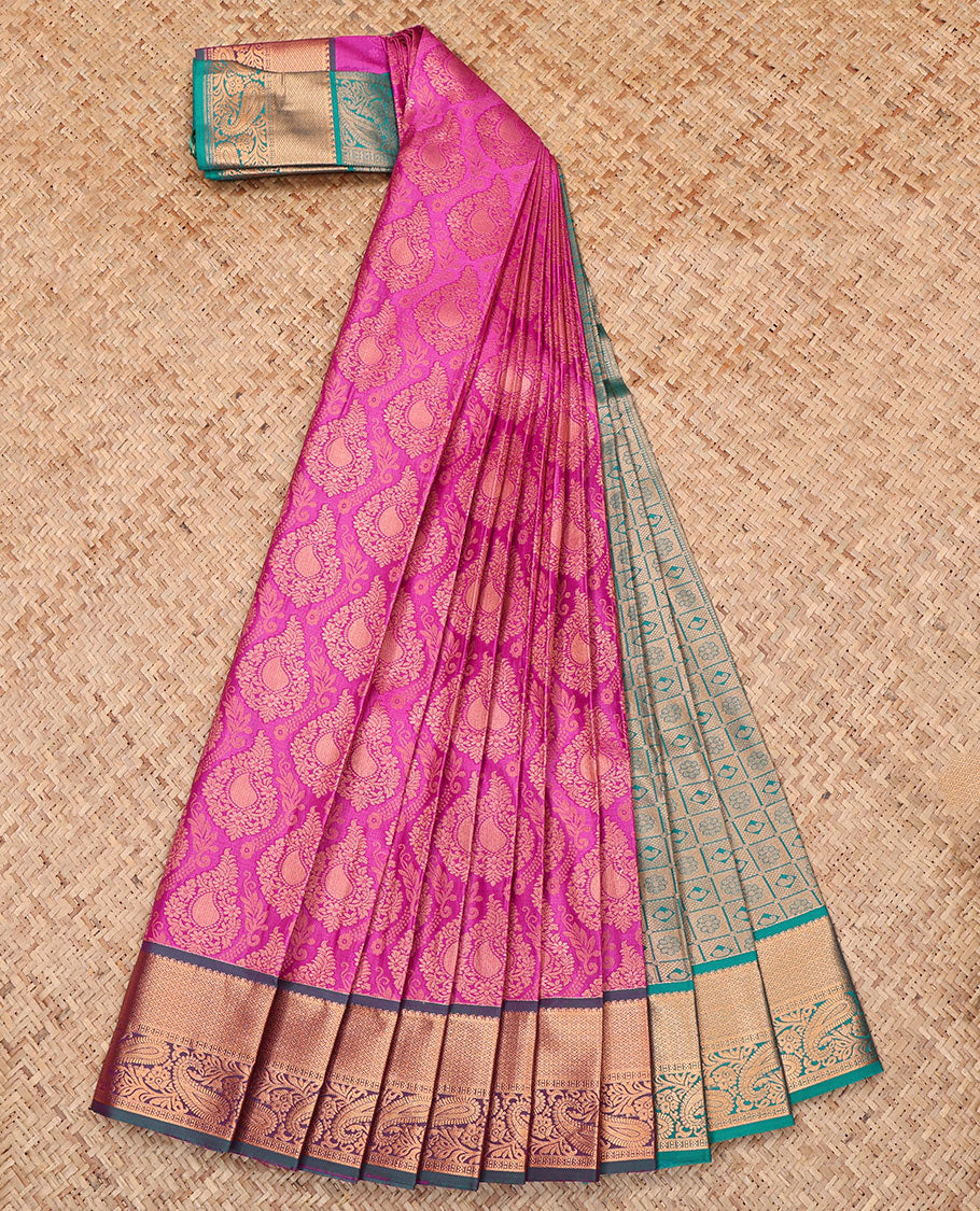 Pink Budget Silk Saree, Embellished with Jacquard Design, Complemented by a Contrast Traditional Zari Border, Grand Pallu, and Contrast Blouse
