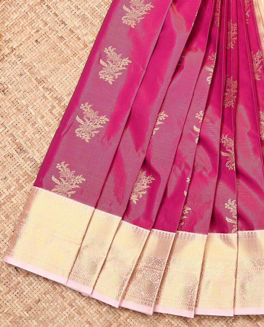 Pink Budget Silk Saree, Embellished with Zari Buttas and Stripes, Complemented by a Contrast Traditional Border, Grand Pallu, and Contrast Blouse