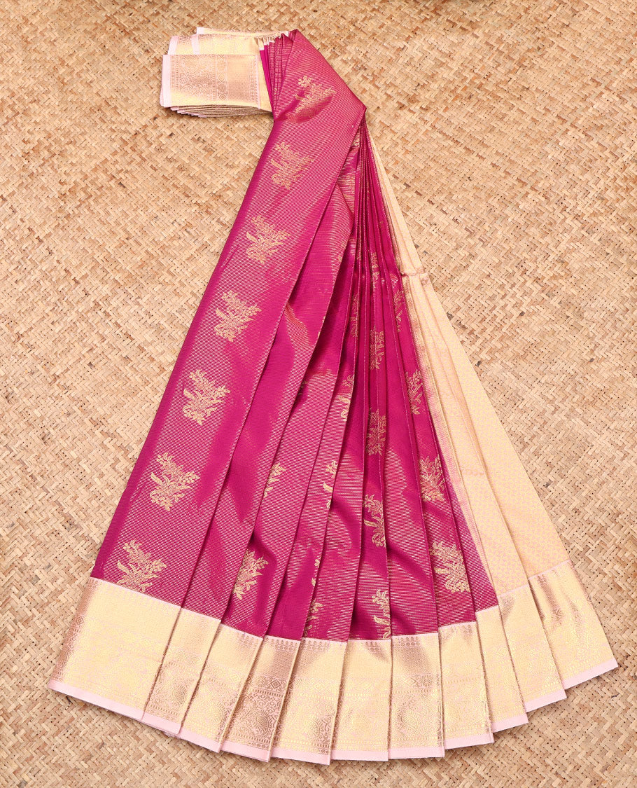 Pink Budget Silk Saree, Embellished with Zari Buttas and Stripes, Complemented by a Contrast Traditional Border, Grand Pallu, and Contrast Blouse