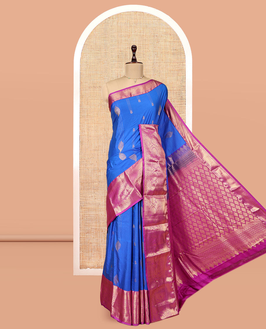 Royal Blue Budget Silk Saree, Gleamed Up with Zari Designs, Complemented by a Contrast Traditional Border, Grand Pallu, and a Contrast Blouse