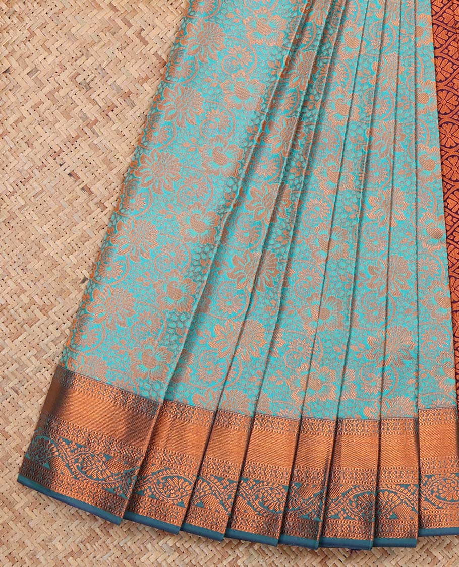 Blue Budget Silk Saree, Decorated with Floral Jacquard Design, Complemented by Contrast Traditional Zari Border, a Jaal Pallu and a Contrast Blouse