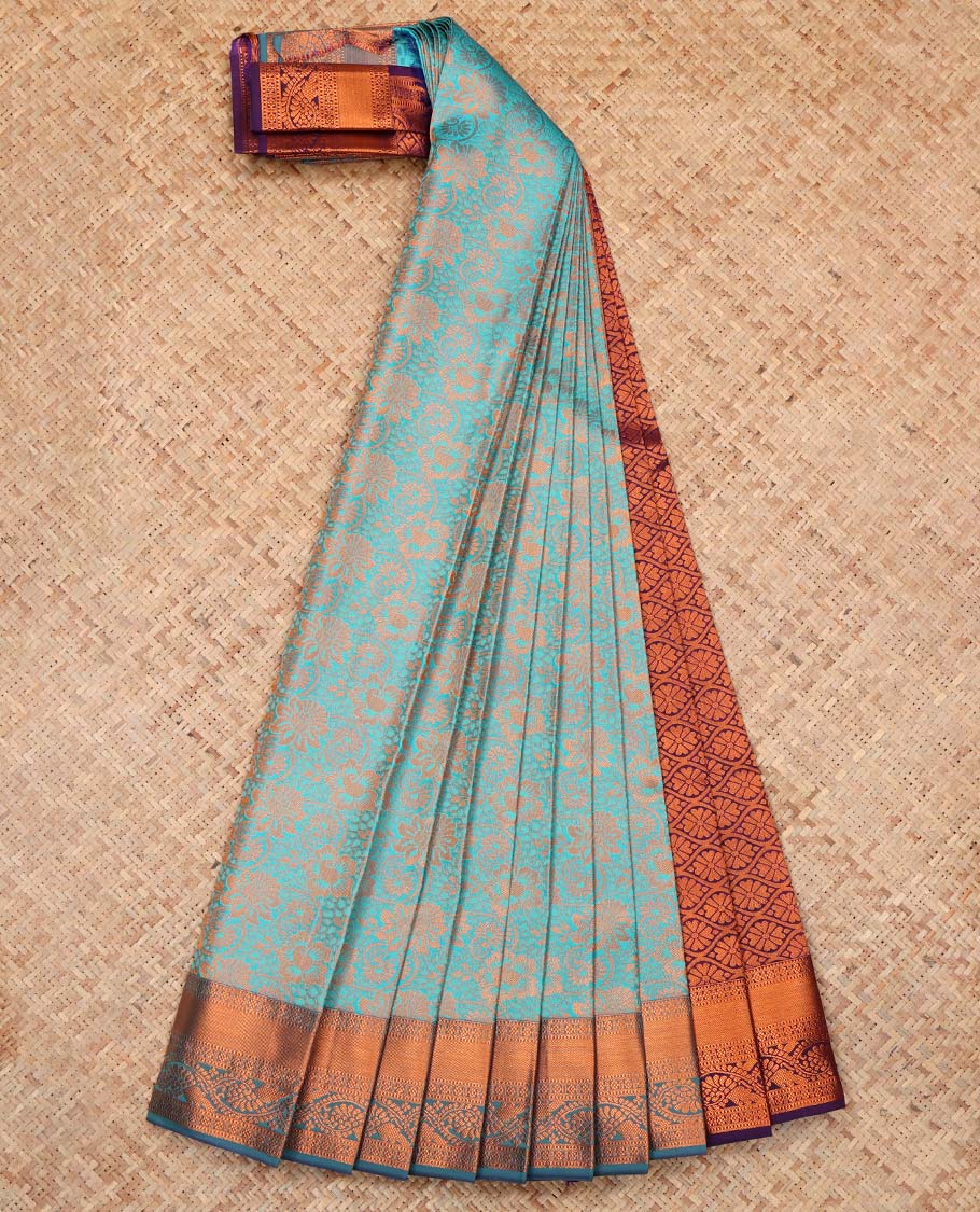 Blue Budget Silk Saree, Decorated with Floral Jacquard Design, Complemented by Contrast Traditional Zari Border, a Jaal Pallu and a Contrast Blouse