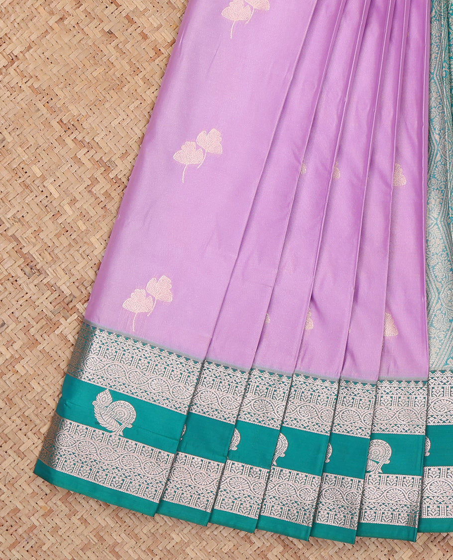 Purple Budget Silk Saree, Gleamed Up with Zari Buttas, Complemented by a Contrast Traditional Zari Border, Grand Pallu, and a Contrast Blouse