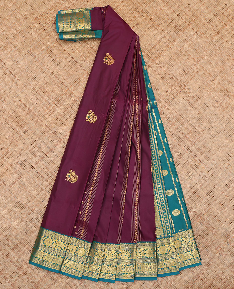 Wine Budget Silk Saree, Ornamented with Zari Buttas, Complemented by Contrast Traditional Zari Border, a Grand Pallu and a Contrast Blouse
