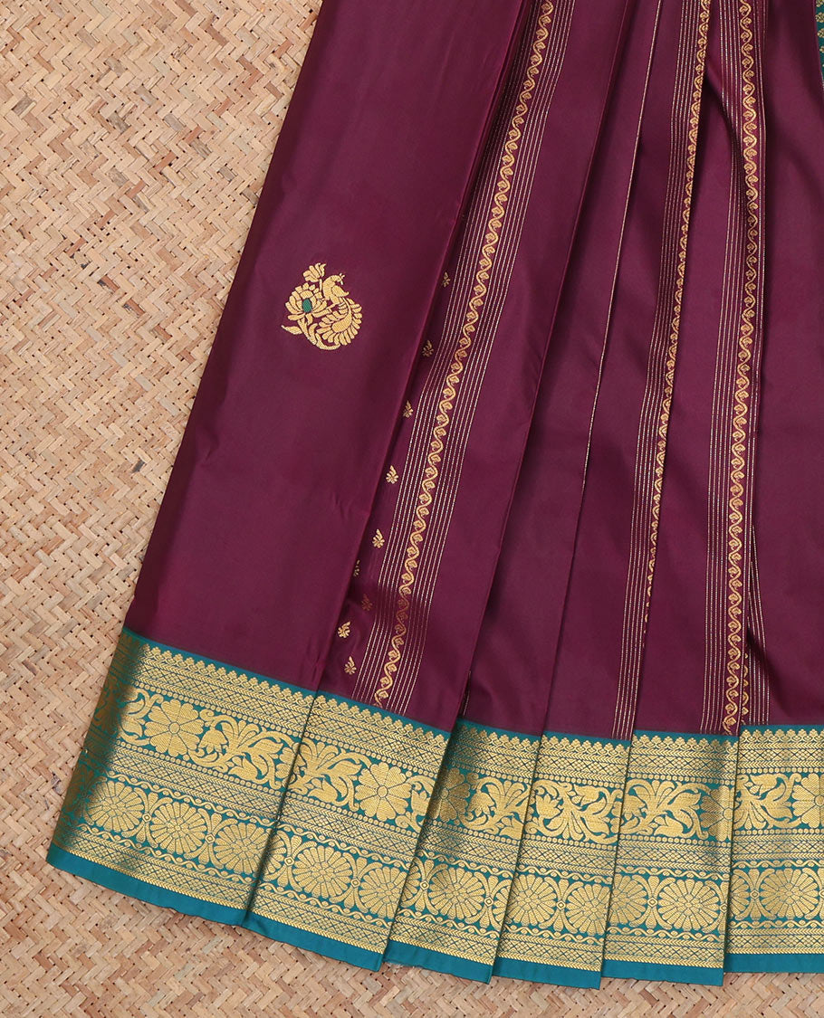 Wine Budget Silk Saree, Ornamented with Zari Buttas, Complemented by Contrast Traditional Zari Border, a Grand Pallu and a Contrast Blouse