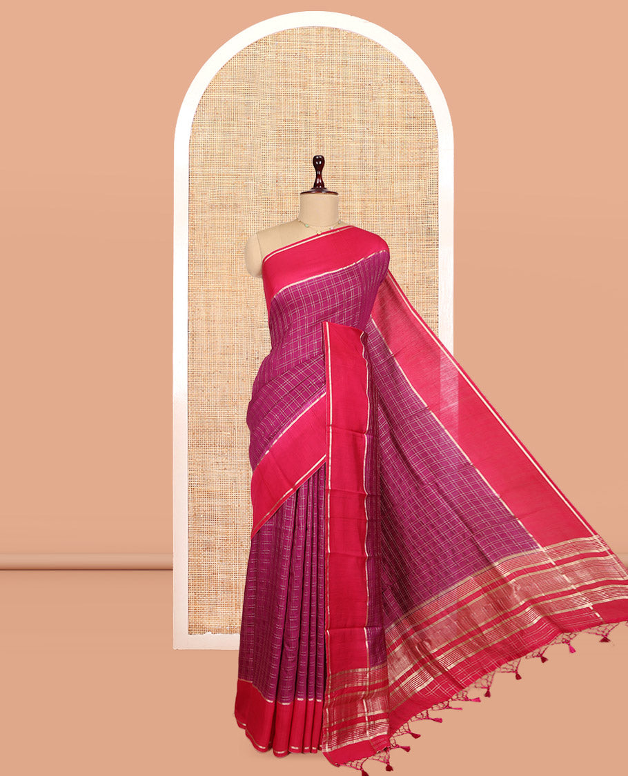 Light Purple Assam Silk Saree, Ornamented with Zari Checks, Complemented by Contrast Zari Border, Zari Woven Pallu, and Contrast Blouse