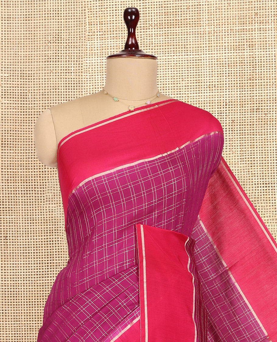 Light Purple Assam Silk Saree, Ornamented with Zari Checks, Complemented by Contrast Zari Border, Zari Woven Pallu, and Contrast Blouse