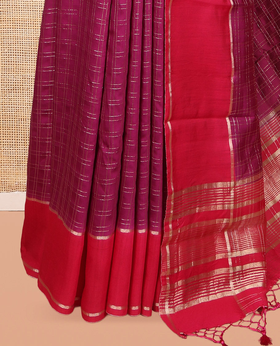 Light Purple Assam Silk Saree, Ornamented with Zari Checks, Complemented by Contrast Zari Border, Zari Woven Pallu, and Contrast Blouse