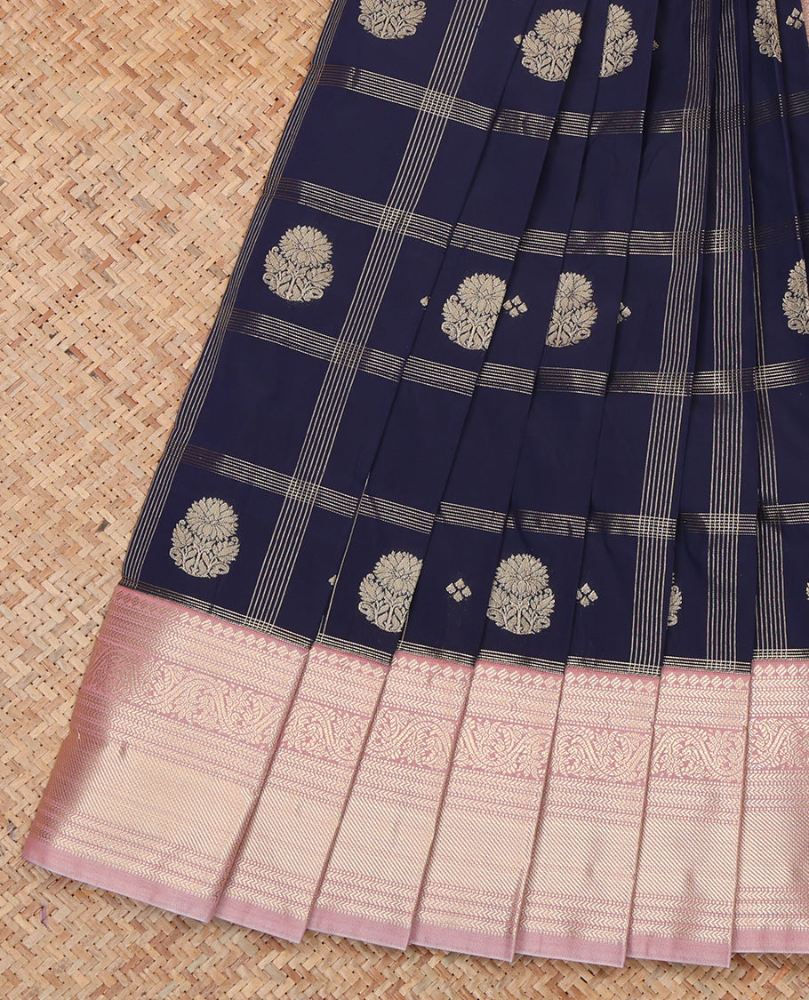 Blue Budget Silk Saree, Detailed with Zari Butta Enclosed Checks, a Contrast Traditional Zari Border, Grand Pallu, and a Contrast Blouse