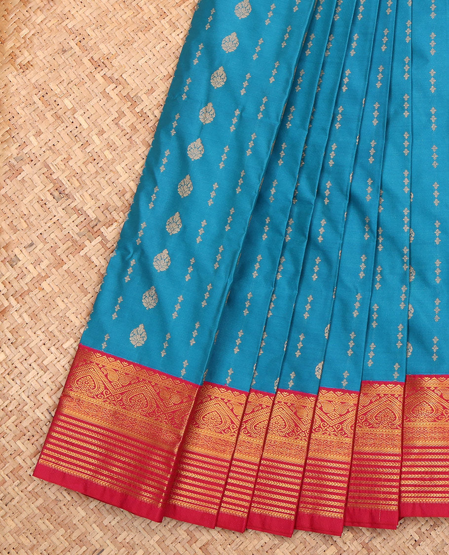 Blue Budget Silk Saree, Prettified with Zari Buttas, a Contrast Traditional Zari Border, Jaal Pallu, and a Contrast Blouse
