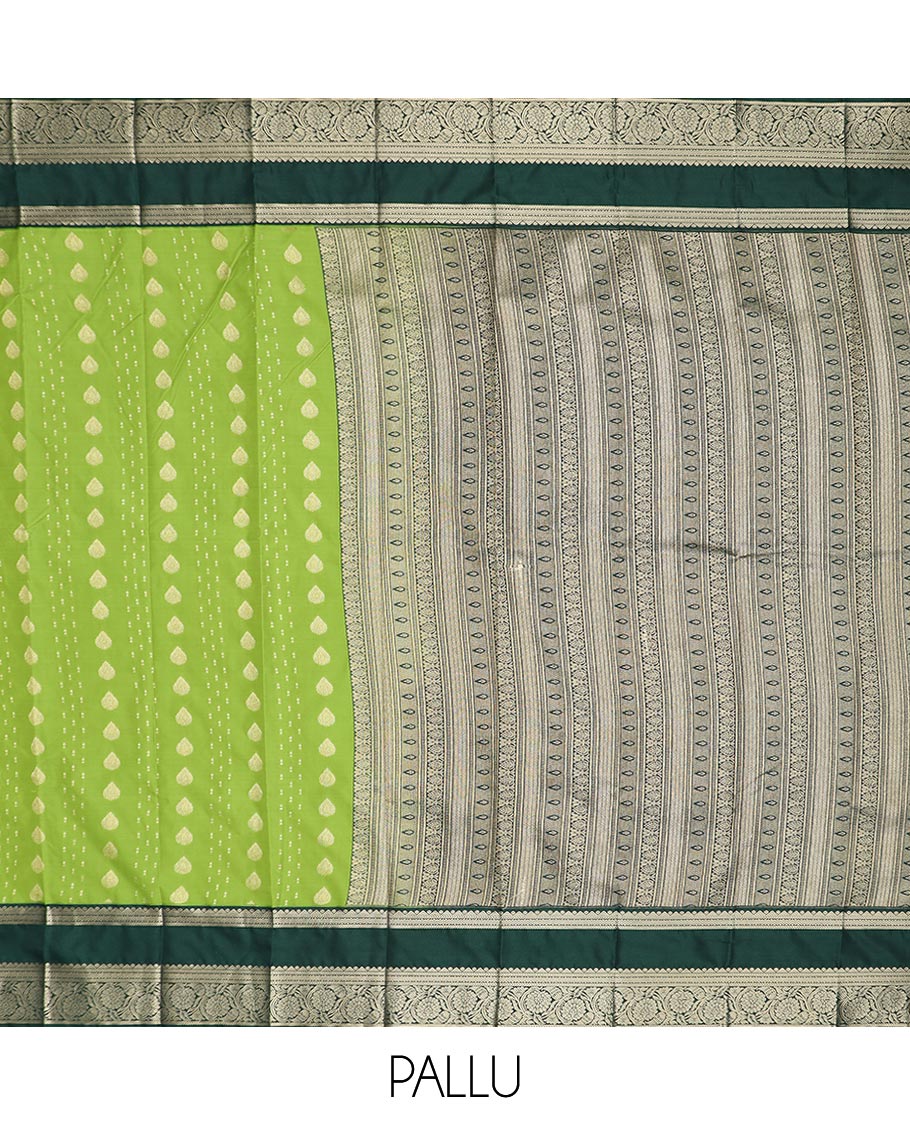 Green zari buttas gift saree, contrast rettai pettu zari border, and pallu steeped with traditional designs