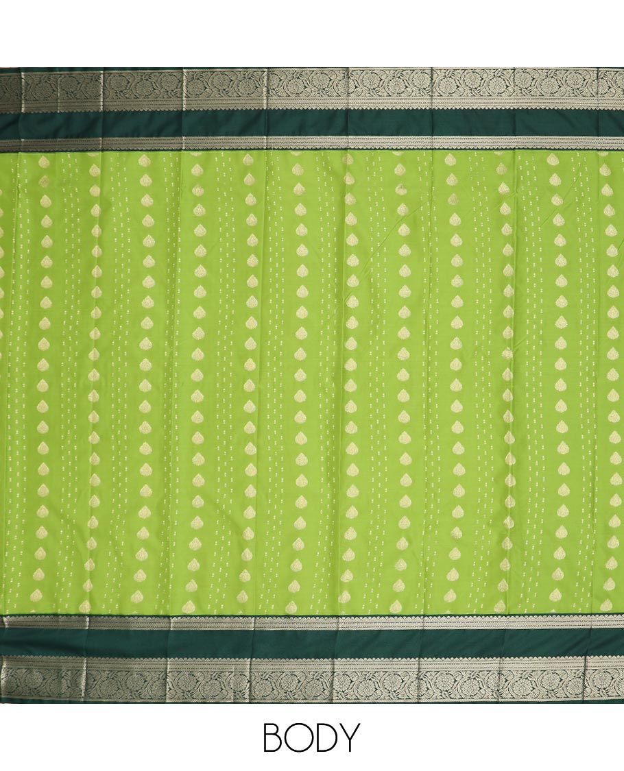 Green zari buttas gift saree, contrast rettai pettu zari border, and pallu steeped with traditional designs