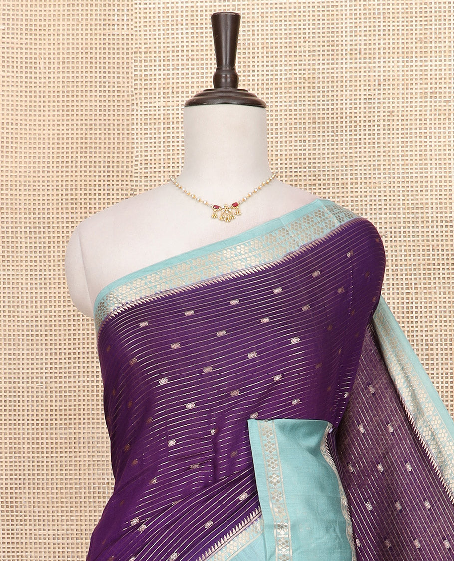 Purple zari buttas and striped Assam silk saree, contrast border of traditional zari designs, and striped pallu