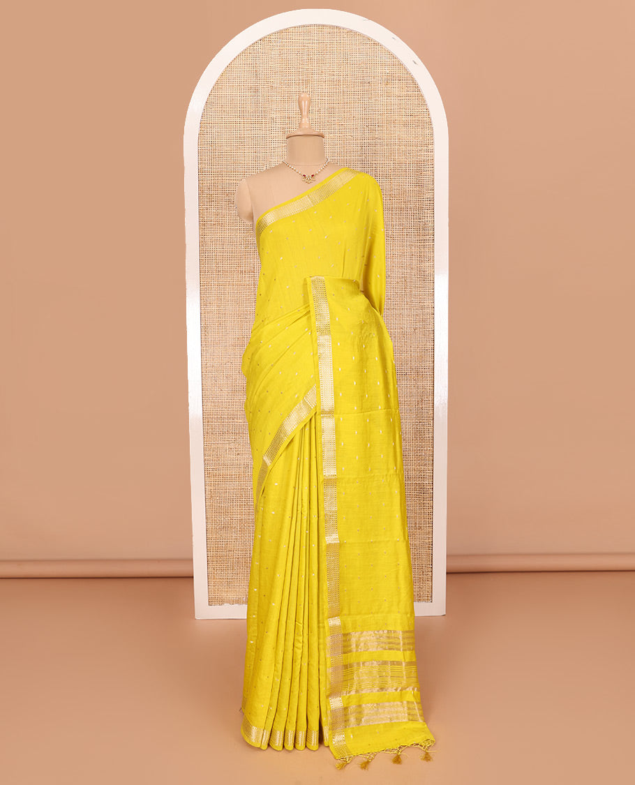 Bright Yellow Assam Silk Saree Woven with Buttas, Subtly Woven Traditional Zari Border, Pallu Trimmed with Zari Stripes, and Paired with a Contrast Blouse