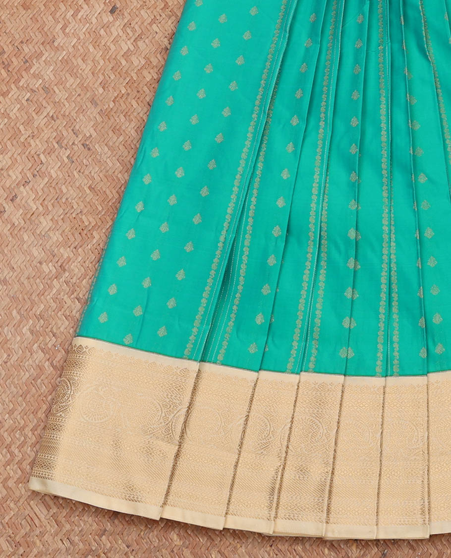 Green Budget Silk Saree, Subtly Sparkled with Zari Buttas and Stripes, Complemented by a Contrast Traditional Zari Design Border, Grand Pallu, and a Contrast Blouse