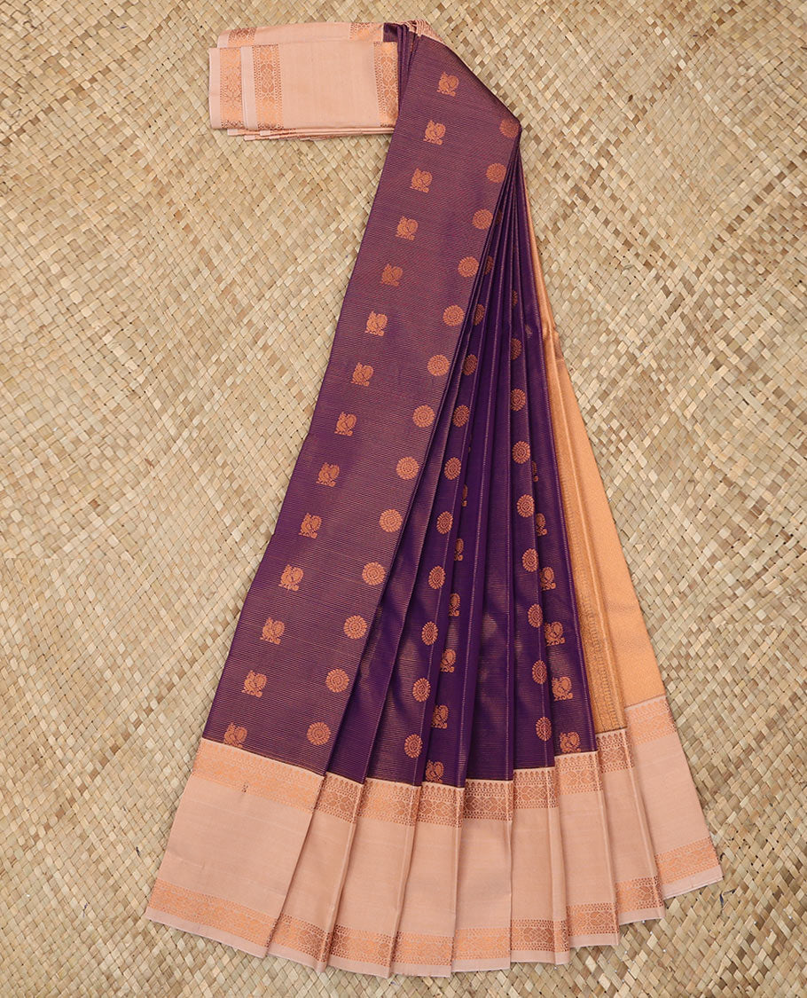 Purple Budget Silk Saree Artfully Detailed with Peacock Chakram Buttas and Zari Stripes, Highlighted with a Contrast Traditional Zari Design Rettai Pettu Border, Zari Woven Pallu, and Paired with a Contrast Blouse