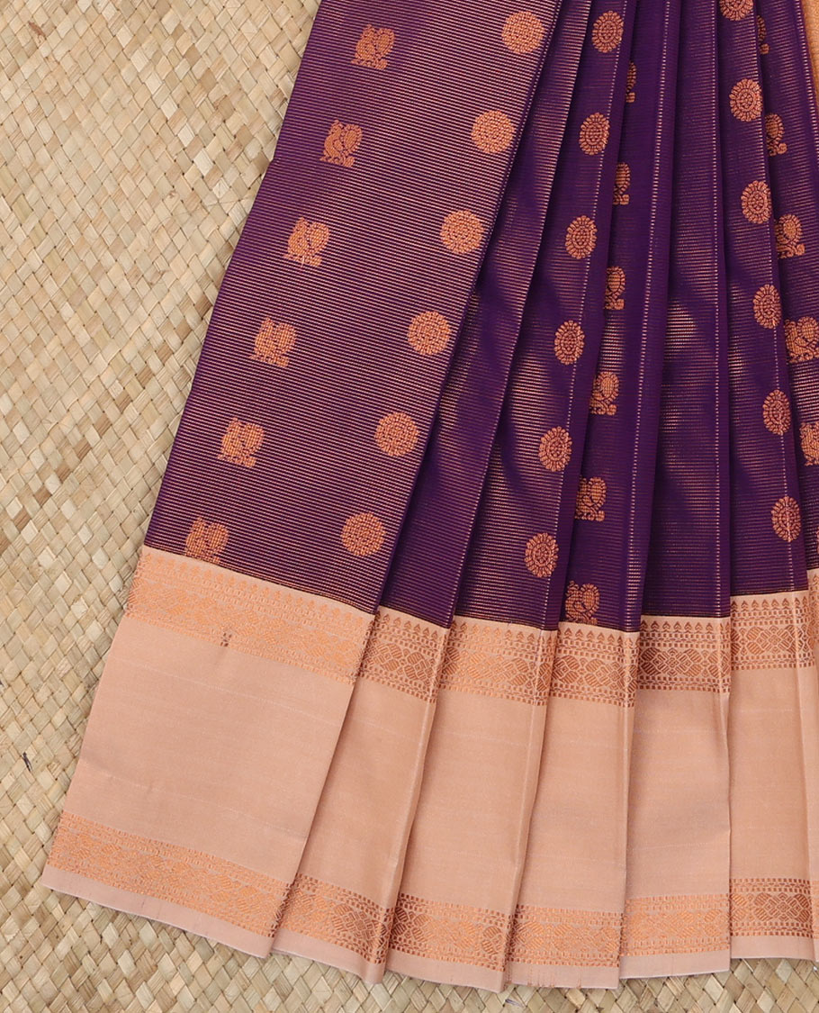 Purple Budget Silk Saree Artfully Detailed with Peacock Chakram Buttas and Zari Stripes, Highlighted with a Contrast Traditional Zari Design Rettai Pettu Border, Zari Woven Pallu, and Paired with a Contrast Blouse
