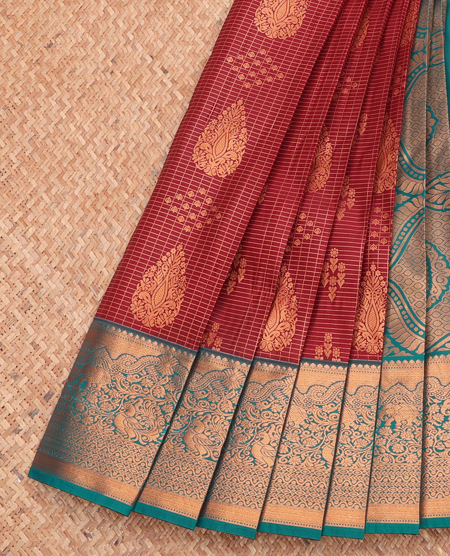 Maroon Budget Silk Saree, Crafted with Zari Buttas and Checks, Complemented by a Contrast Traditional Zari Border, Grand Pallu, and Contrast Blouse