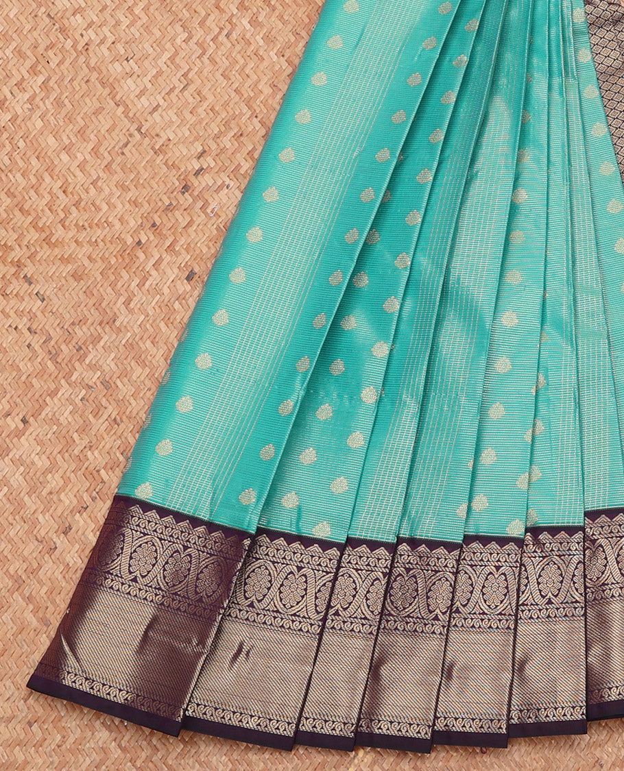 Green Budget Silk Saree, Richly Detailed with Zari Buttas and Stripes, Complemented by a Contrast Traditional Zari Border, Jaal Pallu, and a Contrast Blouse