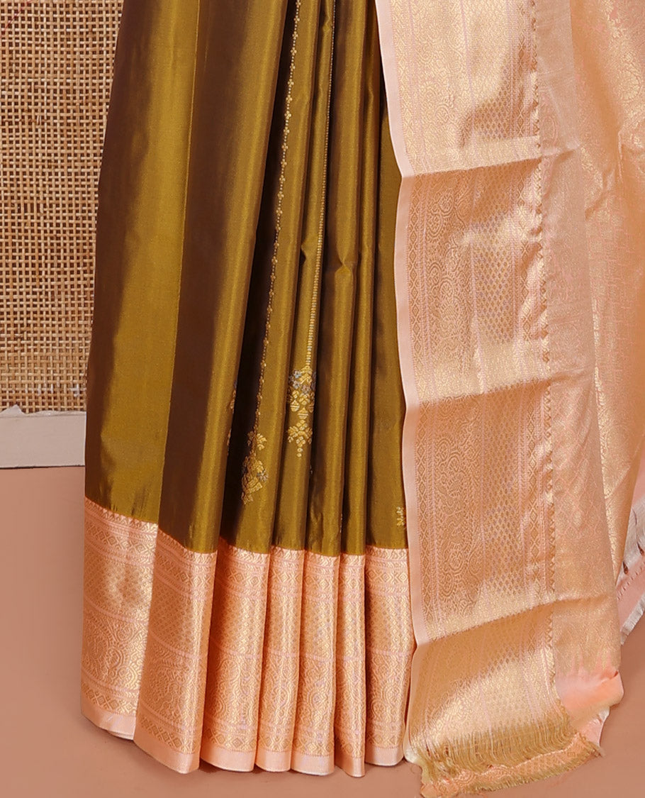 Mustard Budget Silk Saree, Designed with Zari Buttas on Its Body, Complemented by a Contrast Traditional Zari Design Border, Grandly Decked Up Pallu, and Paired with a Contrast Blouse
