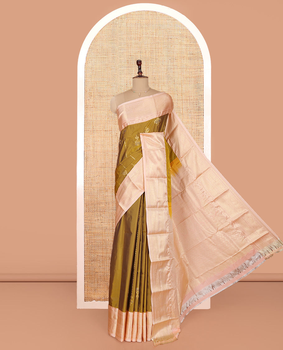 Mustard Budget Silk Saree, Designed with Zari Buttas on Its Body, Complemented by a Contrast Traditional Zari Design Border, Grandly Decked Up Pallu, and Paired with a Contrast Blouse