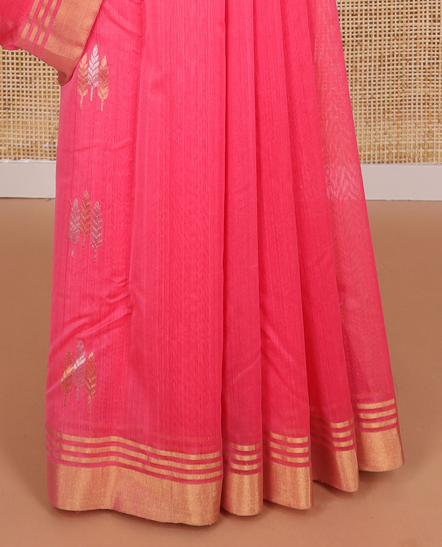 Pink leaf motifs chanderi cotton saree with self zari border & striped pallu