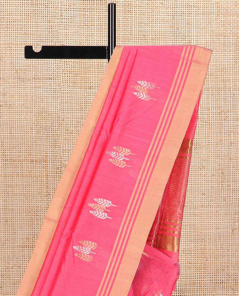 Pink leaf motifs chanderi cotton saree with self zari border & striped pallu