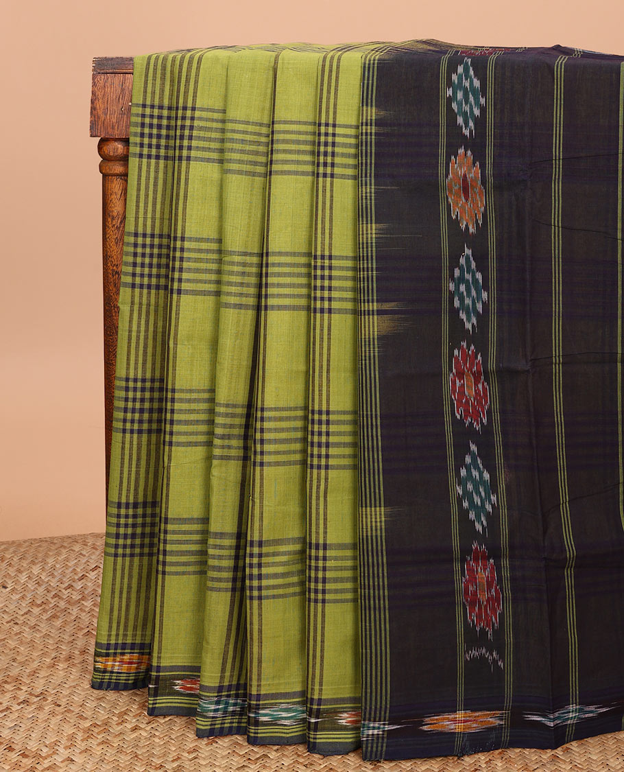Green checked Andhra cotton saree, ikkat border, and contrast pallu of stripes