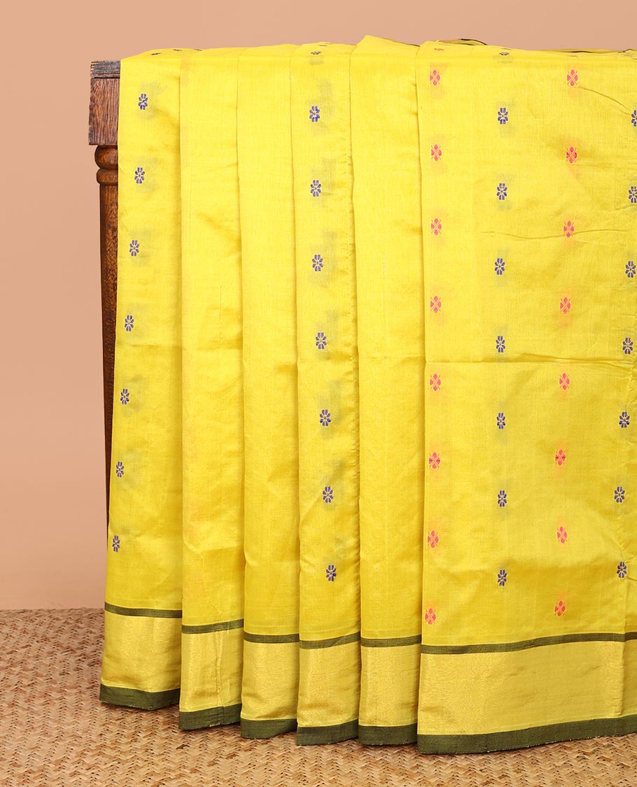 Yellow Poly Cotton Saree, Beautified with Thread Buttas All Over Its Body, Subtly Zari Woven Border, Micro-Checked Pallu, and Paired with a Contrast Blouse