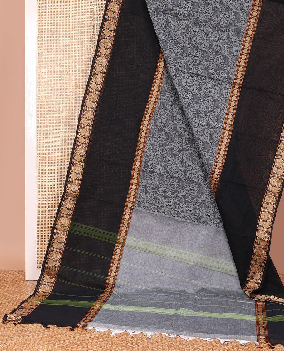 Grey vanasingaram design Chettinad cottton saree, contrast rettai pettu thread border of rudraksham, and peacock design, and striped pallu