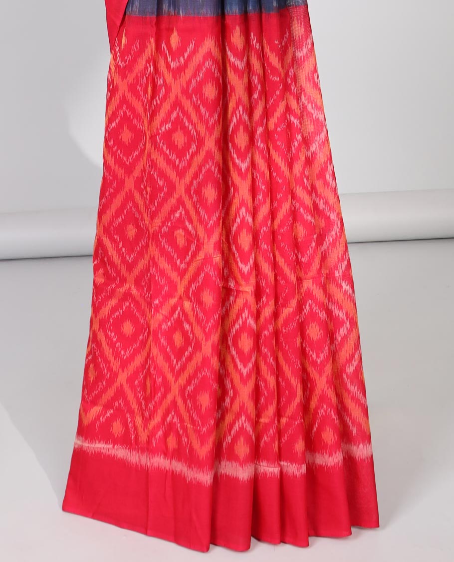 Red Ikkat cotton saree with argyle design, self pain plain border & ogee design pallu