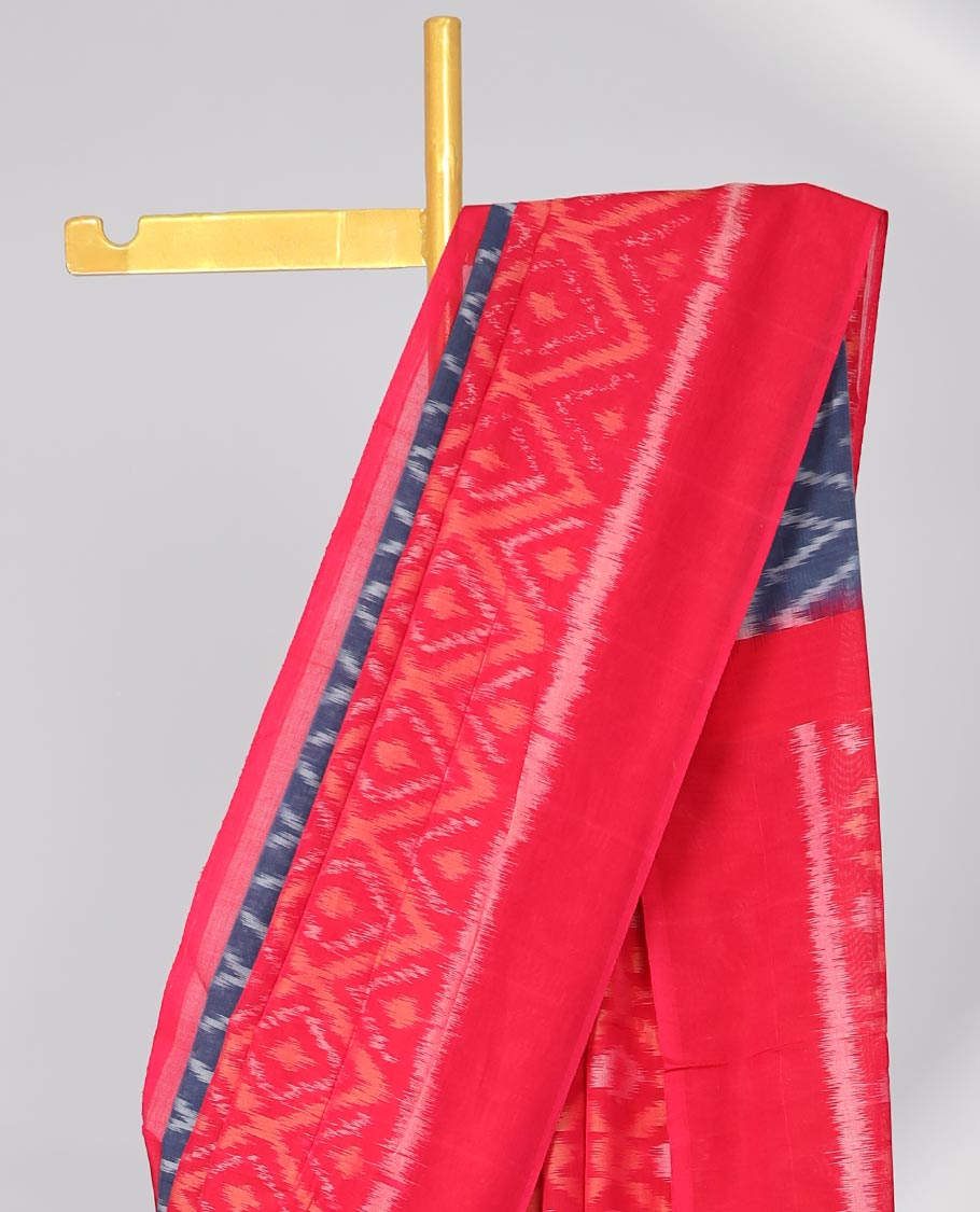 Red Ikkat cotton saree with argyle design, self pain plain border & ogee design pallu