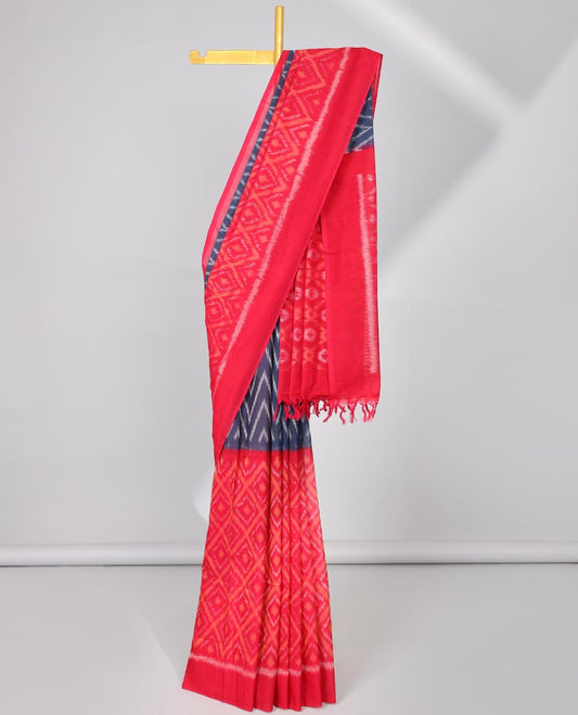Red Ikkat cotton saree with argyle design, self pain plain border & ogee design pallu