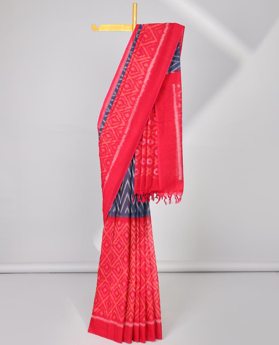 Red Ikkat cotton saree with argyle design, self pain plain border & ogee design pallu