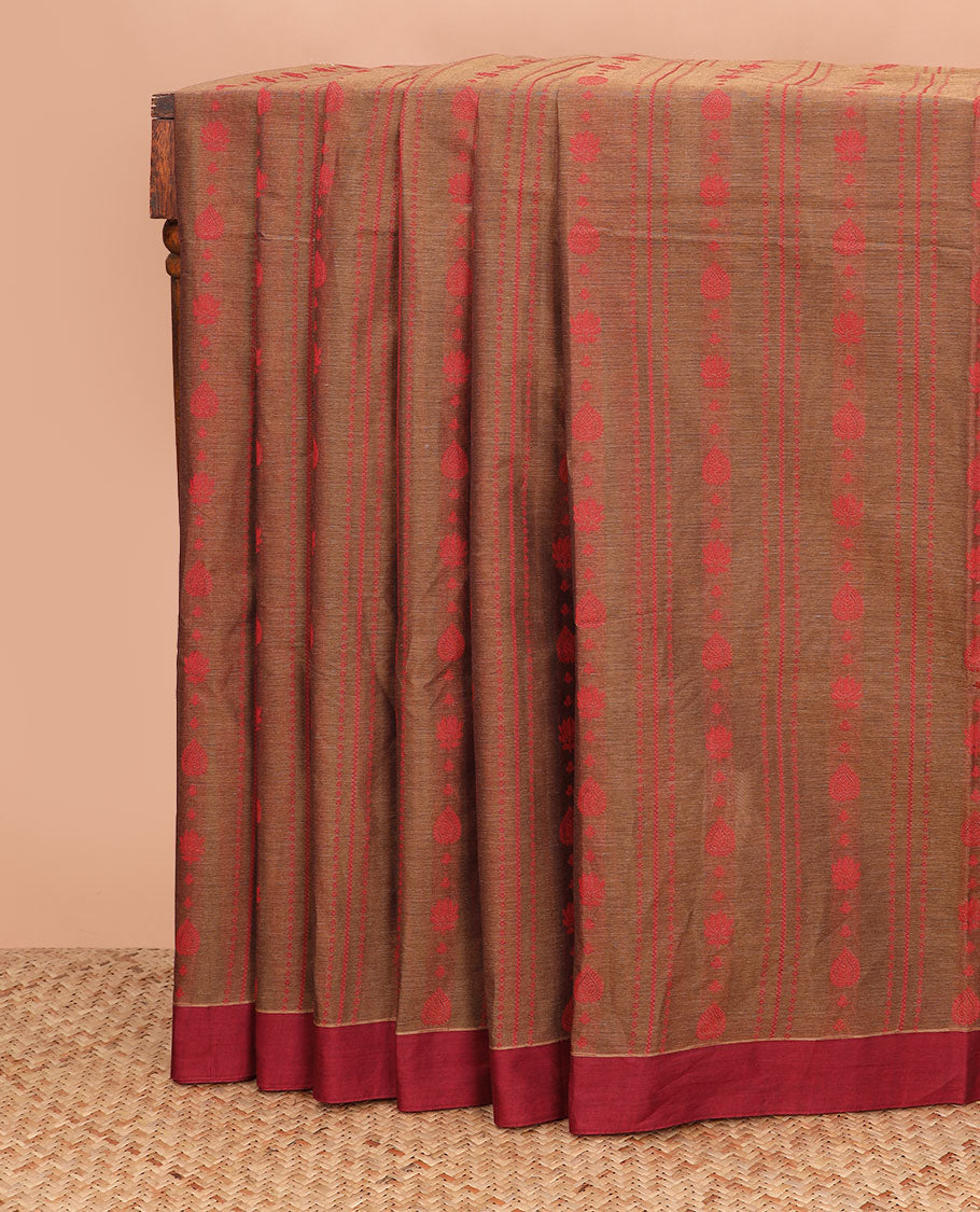 Brown thread geometric patterns coimbatore cotton saree, contrast plain border, and pallu of intricate motifs