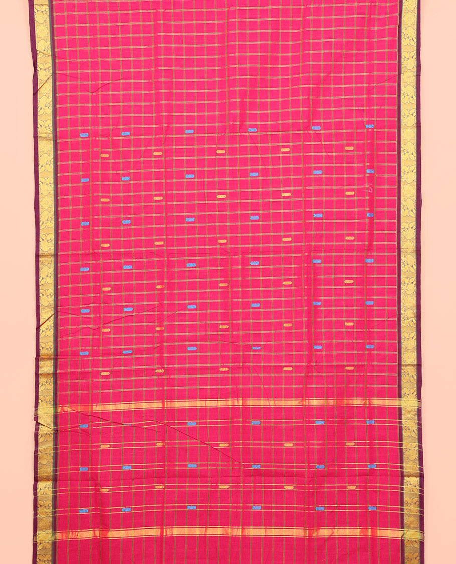 Pink Nine Yard Cotton Saree, Adorned with Butta and Checks, Complemented by Contrast Peacock Border, Pallu of Stripes and Buttas, and Comes Without a Blouse