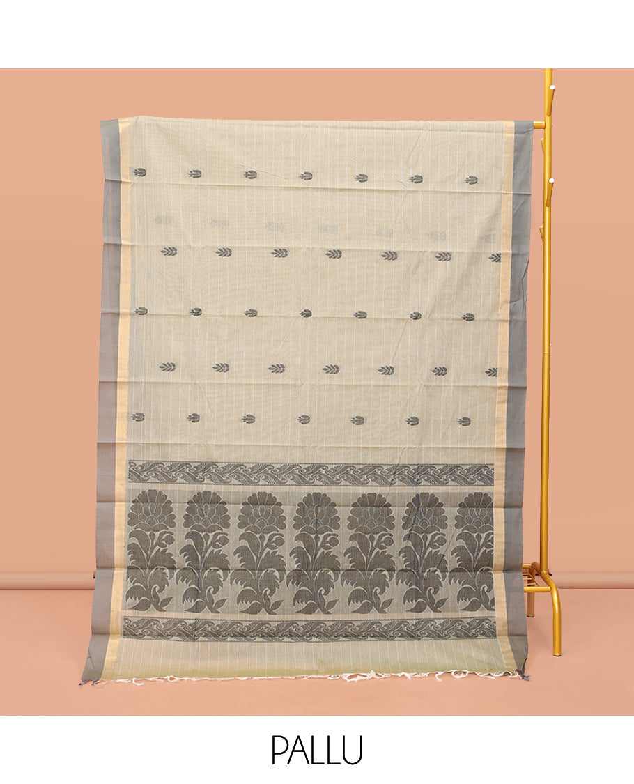 Grey Kanchi Cotton Saree Features Buttas and Stripes on Its Body, Complemented by a Contrast Border, Floral Design Pallu, and a Matching Blouse