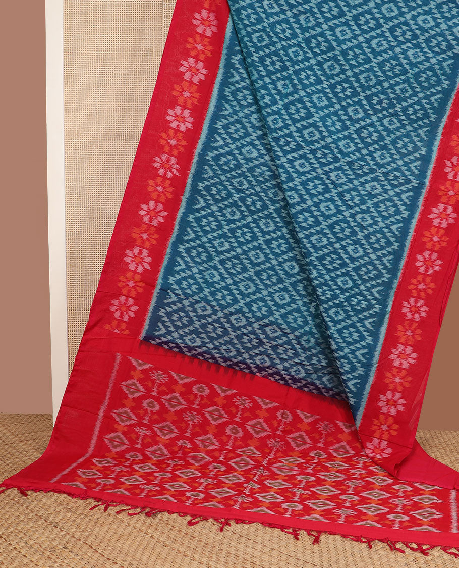Blue jaal-patterned pochampally cotton saree, contrast flower design border & geometric-patterned pallu