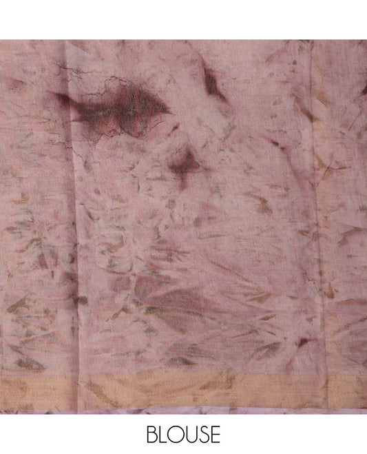 Pink shibori printed with leaf motifs printed cotton saree, bavanji border and floral design pallu