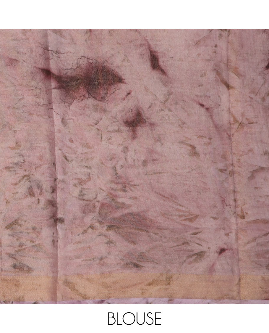 Pink shibori printed with leaf motifs printed cotton saree, bavanji border and floral design pallu